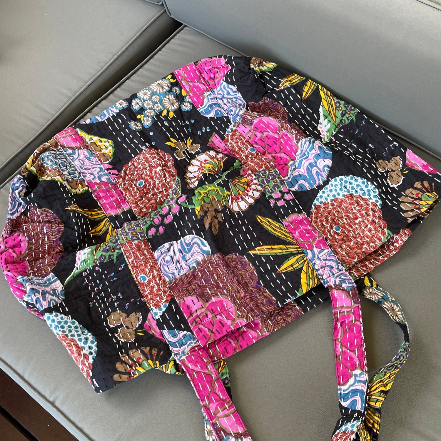 Handmade Boho Cotton Black Tropical Kantha Quilted Bags Tote Beach Bag