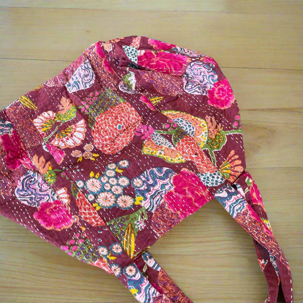 Handmade Boho Cotton Burgundy Tropical Kantha Quilted Bags 