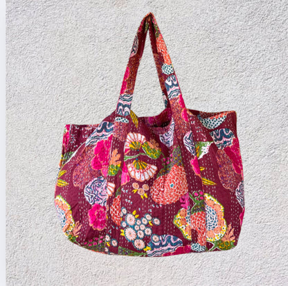 Handmade Boho Cotton Burgundy Tropical Kantha Quilted Bags Tote Beach Bag