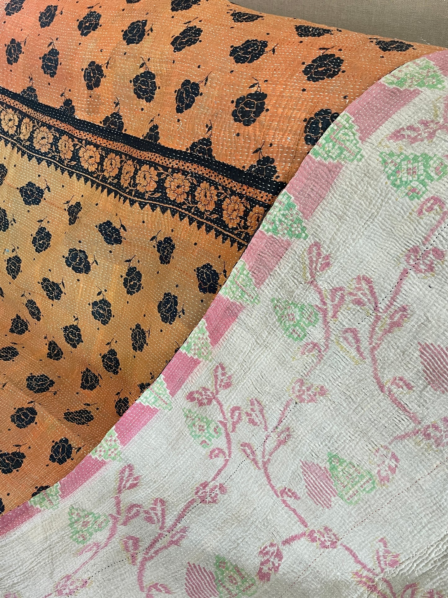 Indian Handmade Cotton Reversible Vintage Kantha Quilt Bedspread Throw- Amba