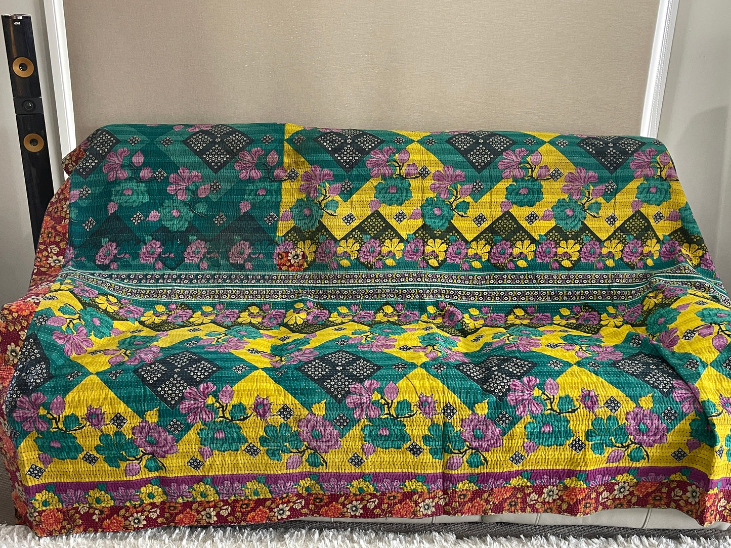 Indian Handmade Cotton Vintage Kantha Quilt Bedspread Throw- Ragini - Adore India   