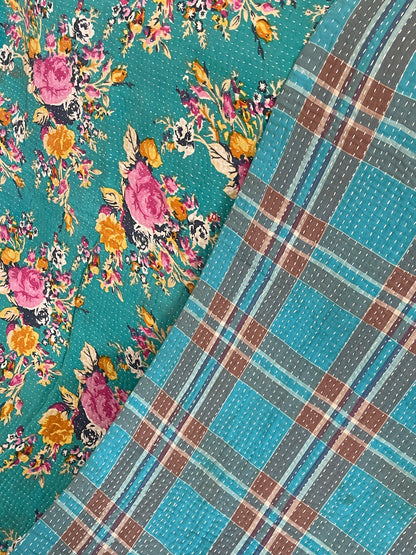 Indian Handmade Reversible Vintage Kantha Quilt Bedspread-Radha