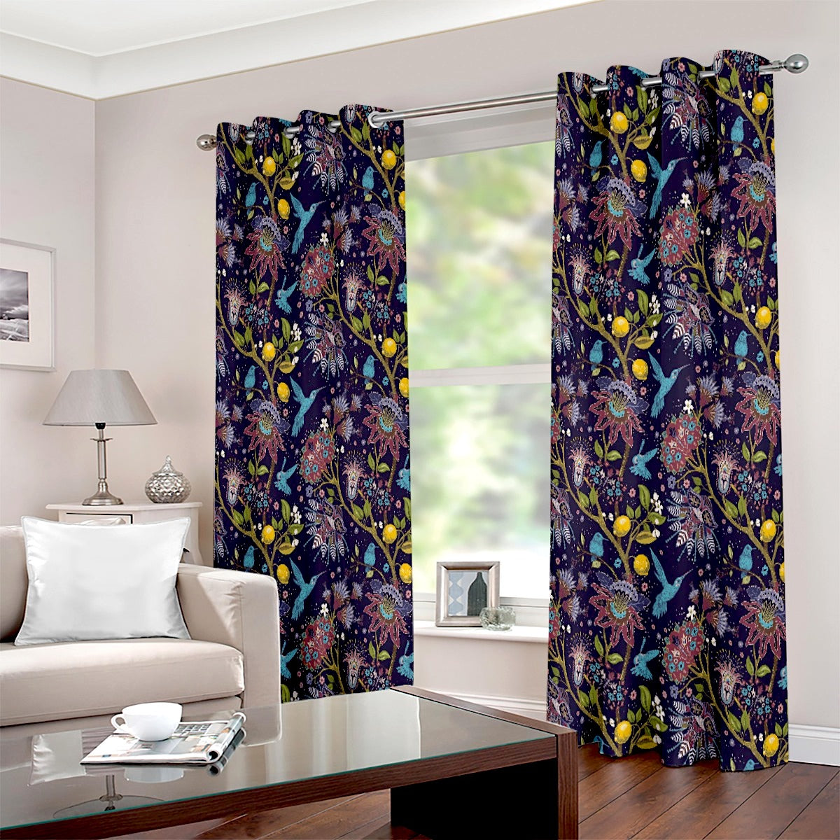 Fantasy Bird and Lemon Tree Printed Eyelet Curtain