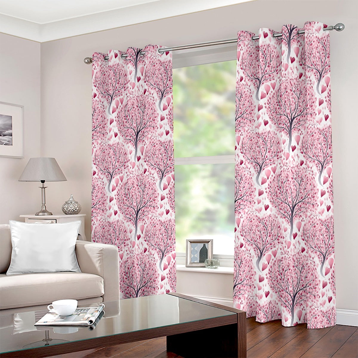 Love Heart Tree Pink Printed Eyelet Curtain - Adore India   