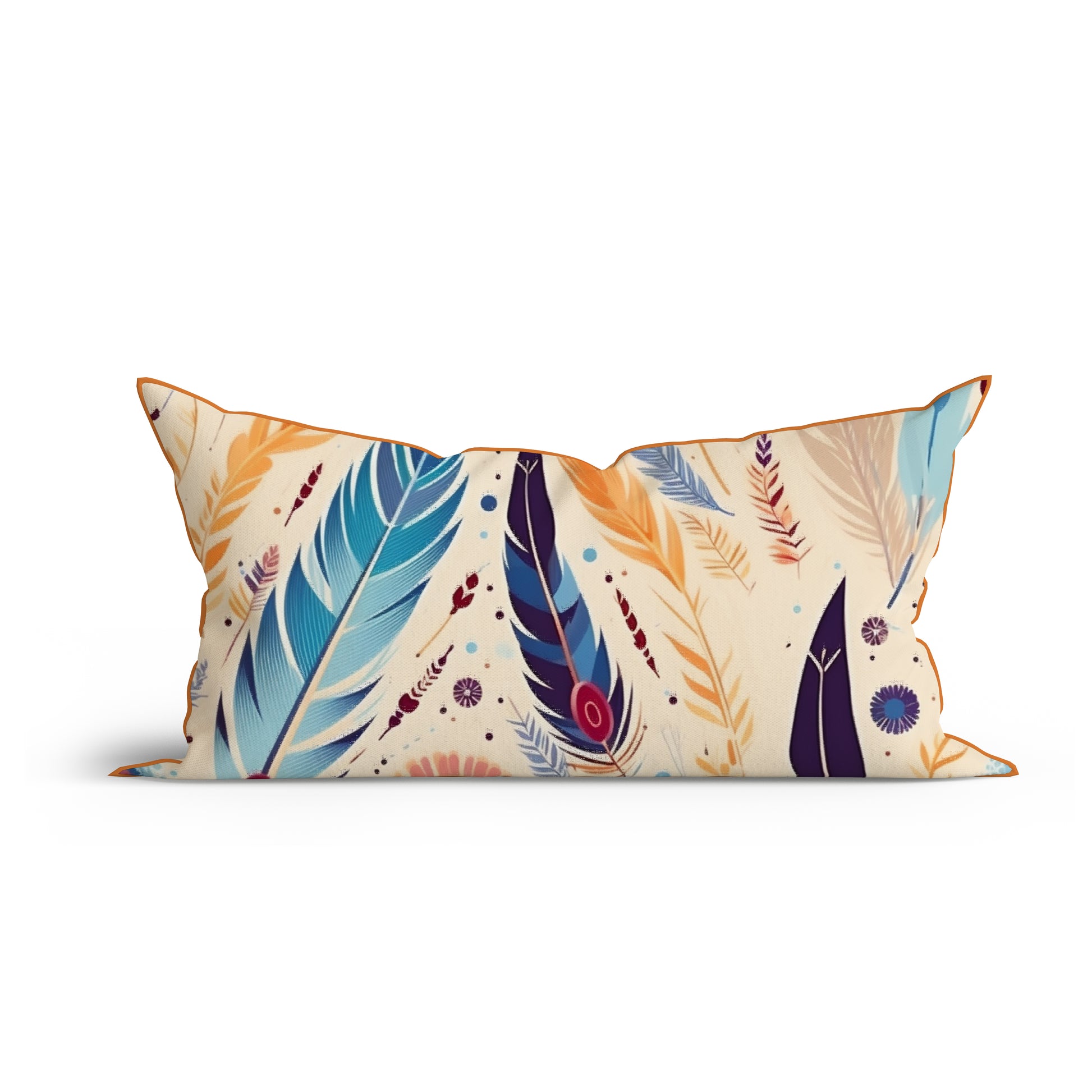Bohemian Azure Feather Printed Cotton Cushion with Piping-Adore India