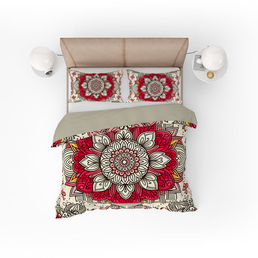 Bohemian Red Blossom Mandala Reversible Quilt Cover Duvet Cover Set