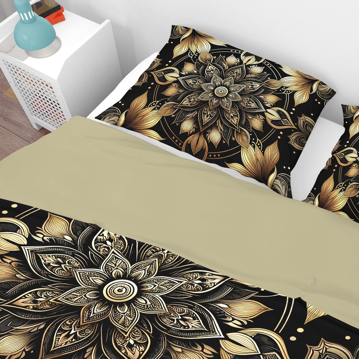 Luxurious Gold Lotus Mandala Reversible Quilt Cover Duvet Cover Set - Adore India   