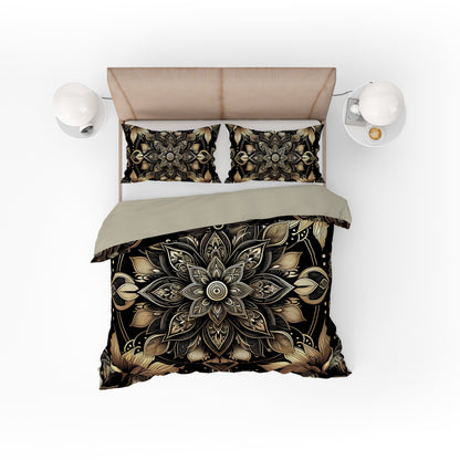 Luxurious Gold Lotus Mandala Reversible Quilt Cover Duvet Cover Set - Adore India   