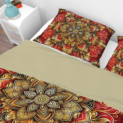 Red Gold Blossom Mandala Reversible Quilt Cover Duvet Cover Set