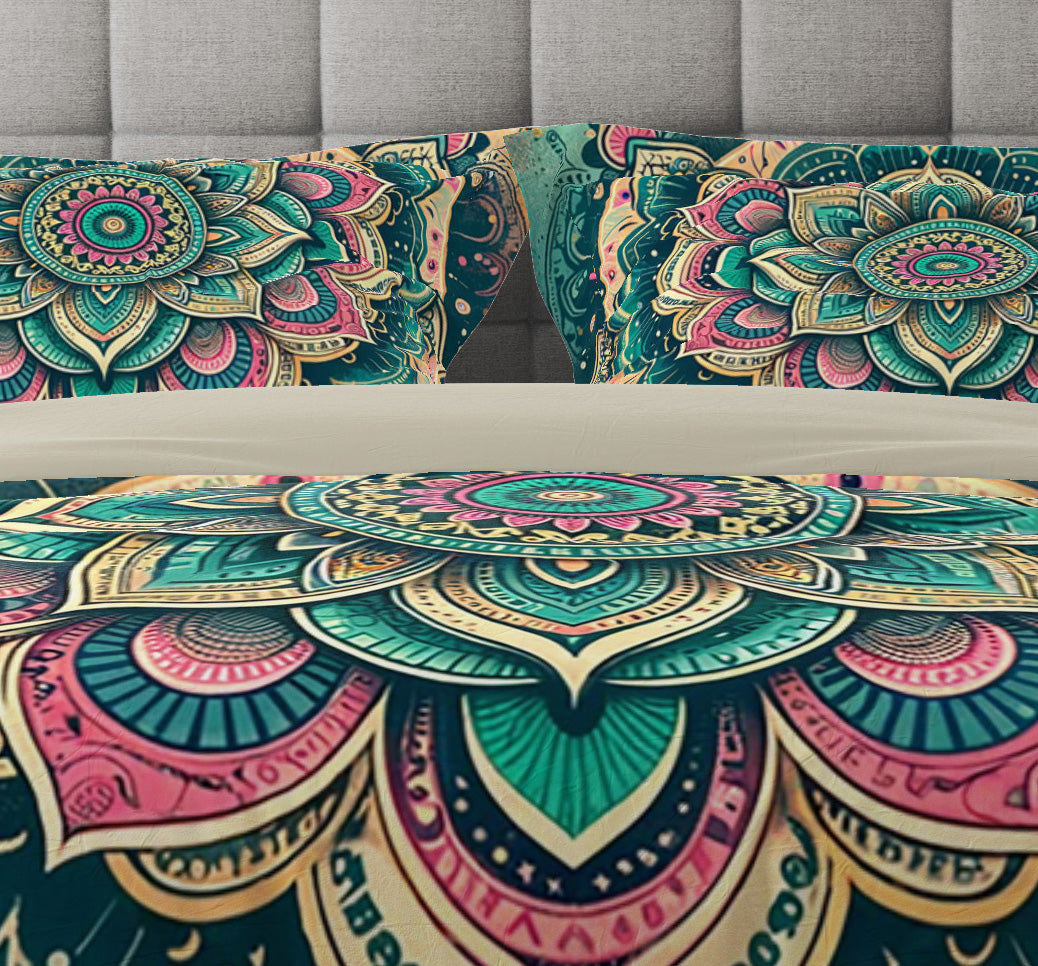 Teal Pink Blessing Bohemian Reversible Quilt Cover Duvet Cover Set - Adore India   