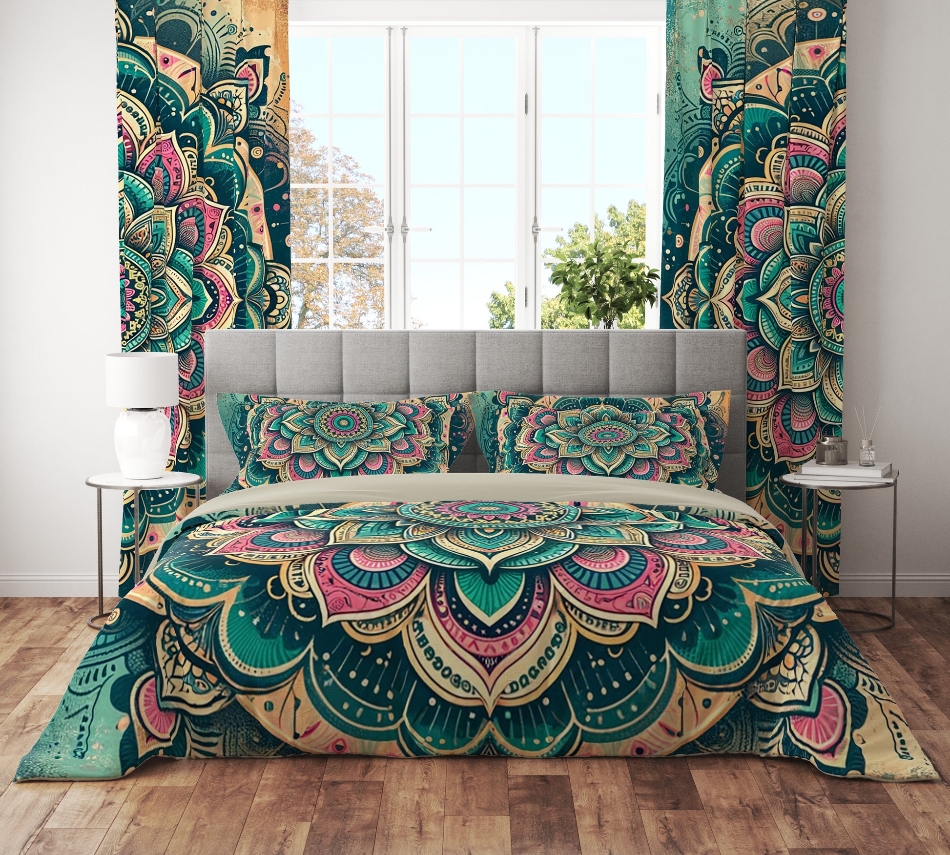 Teal Pink Blessing Bohemian Reversible Quilt Cover Duvet Cover Set - Adore India   