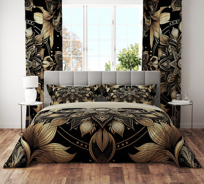 Luxurious Gold Lotus Mandala Reversible Quilt Cover Duvet Cover Set - Adore India   