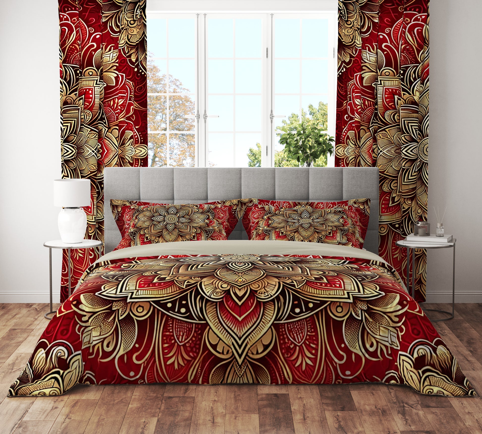 Red Gold Blossom Mandala Reversible Quilt Cover Duvet Cover Set - Adore India   