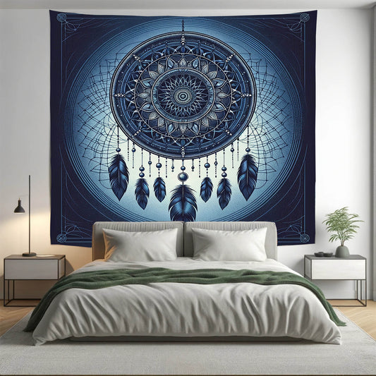 Bohemian Midnight Blue Dreamcatcher Mandala Tapestry Psychedelic Wall Hanging Boho Decor