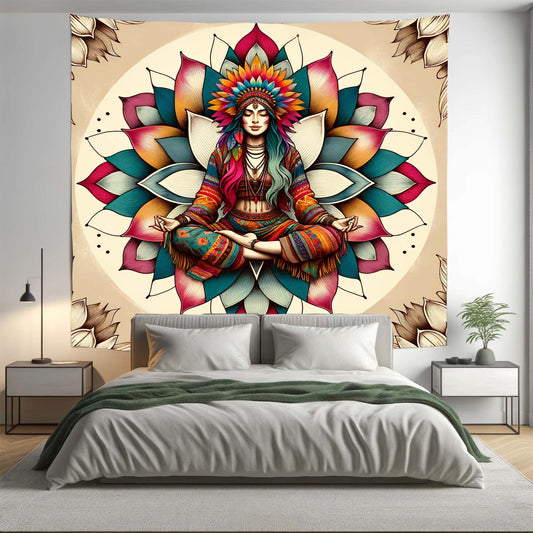 Bohemian Women Meditation Lotus Mandala Tapestry Psychedelic Wall Hanging Boho Decor