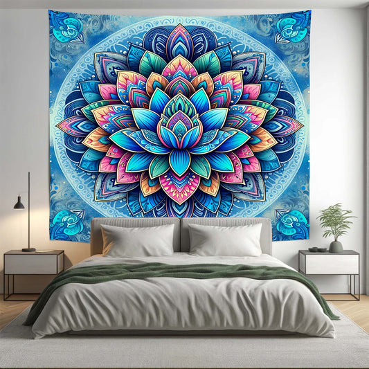 Bohemian Colourful Blue Lotus Mandala Tapestry Psychedelic Wall Hanging Boho Decor