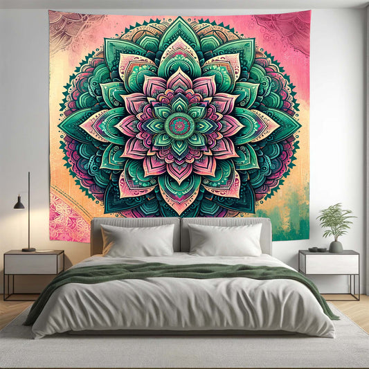 Bohemian Pink Ombre Lotus Mandala Tapestry Psychedelic Wall Hanging Boho Decor