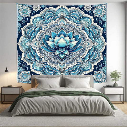 Bohemian Blue Lotus Mandala Tapestry Psychedelic Wall Hanging Boho Decor - Adore India   