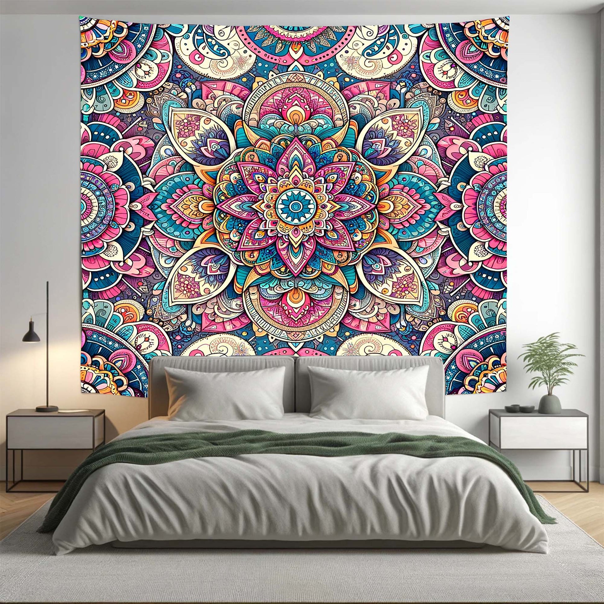 Bohemian Pink AOP Floral Mandala Tapestry Psychedelic Wall Hanging Boho Decor - Adore India   