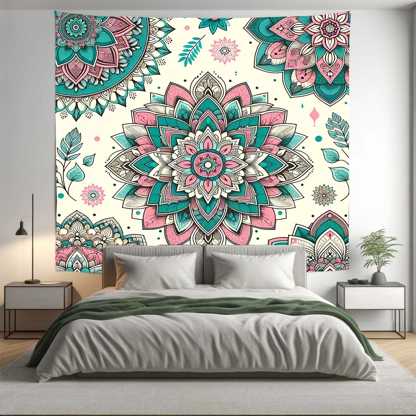 Bohemian Teal Beige Floral Mandala Tapestry Psychedelic Wall Hanging Boho Decor