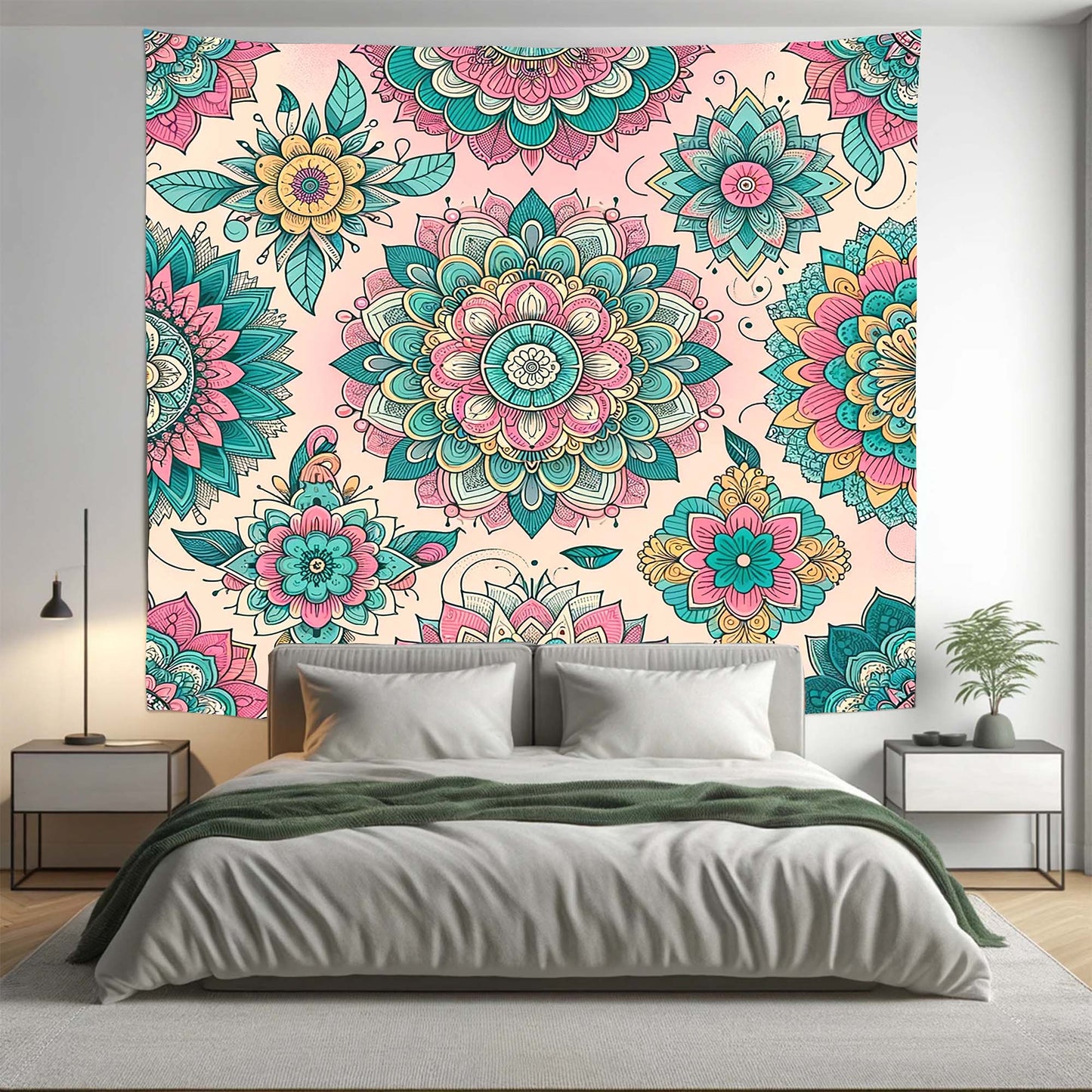 Bohemian Teal Beige Floral Mandala Tapestry Psychedelic Wall Hanging Boho Decor
