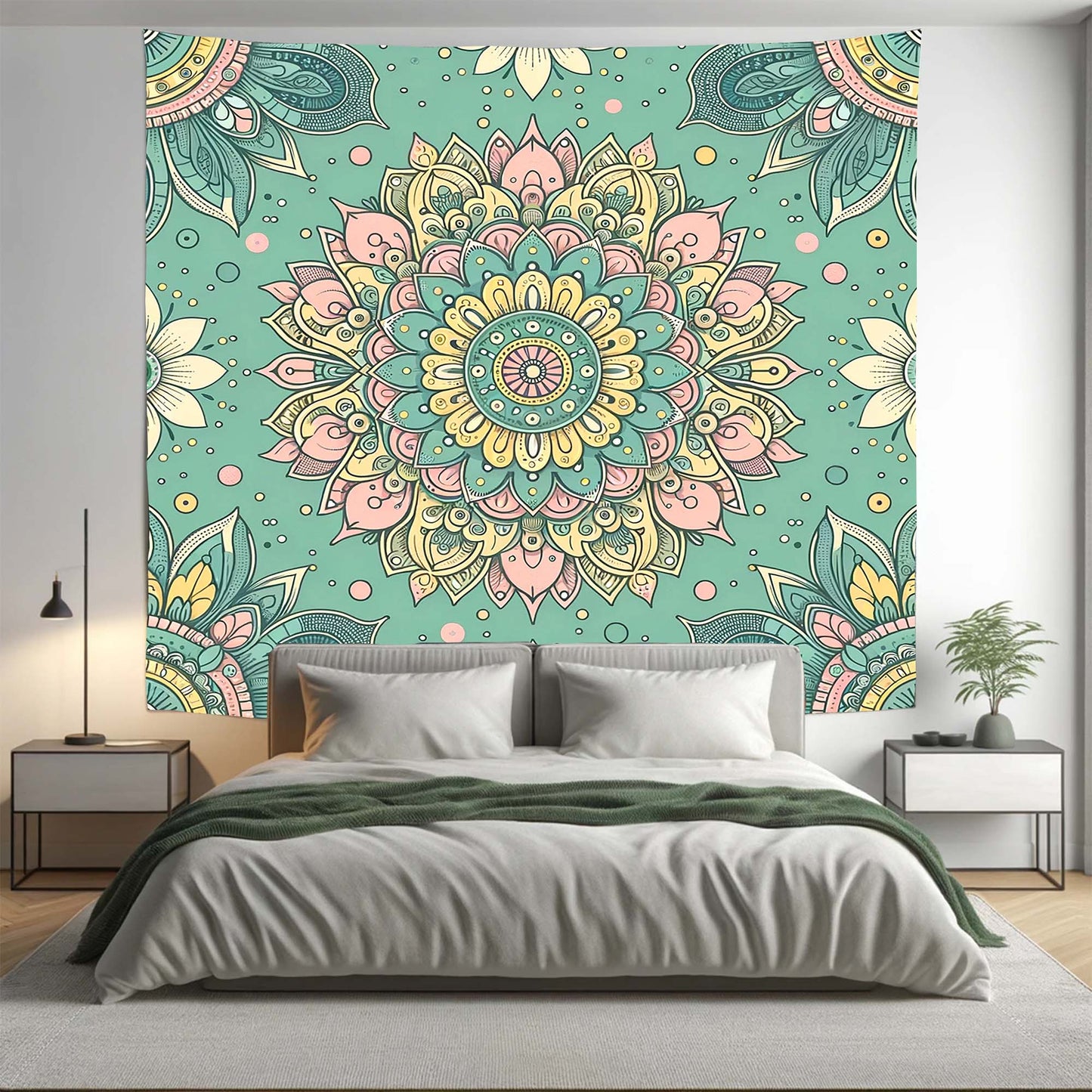 Bohemian Sage Green Floral Mandala Tapestry Psychedelic Wall Hanging Boho Decor