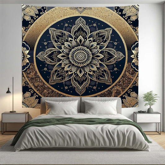 Bohemian Black Gold Floral Mandala Tapestry Psychedelic Wall Hanging Boho Decor