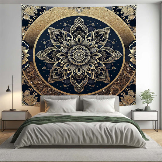 Bohemian Black Gold Floral Mandala Tapestry Psychedelic Wall Hanging Boho Decor - Adore India   