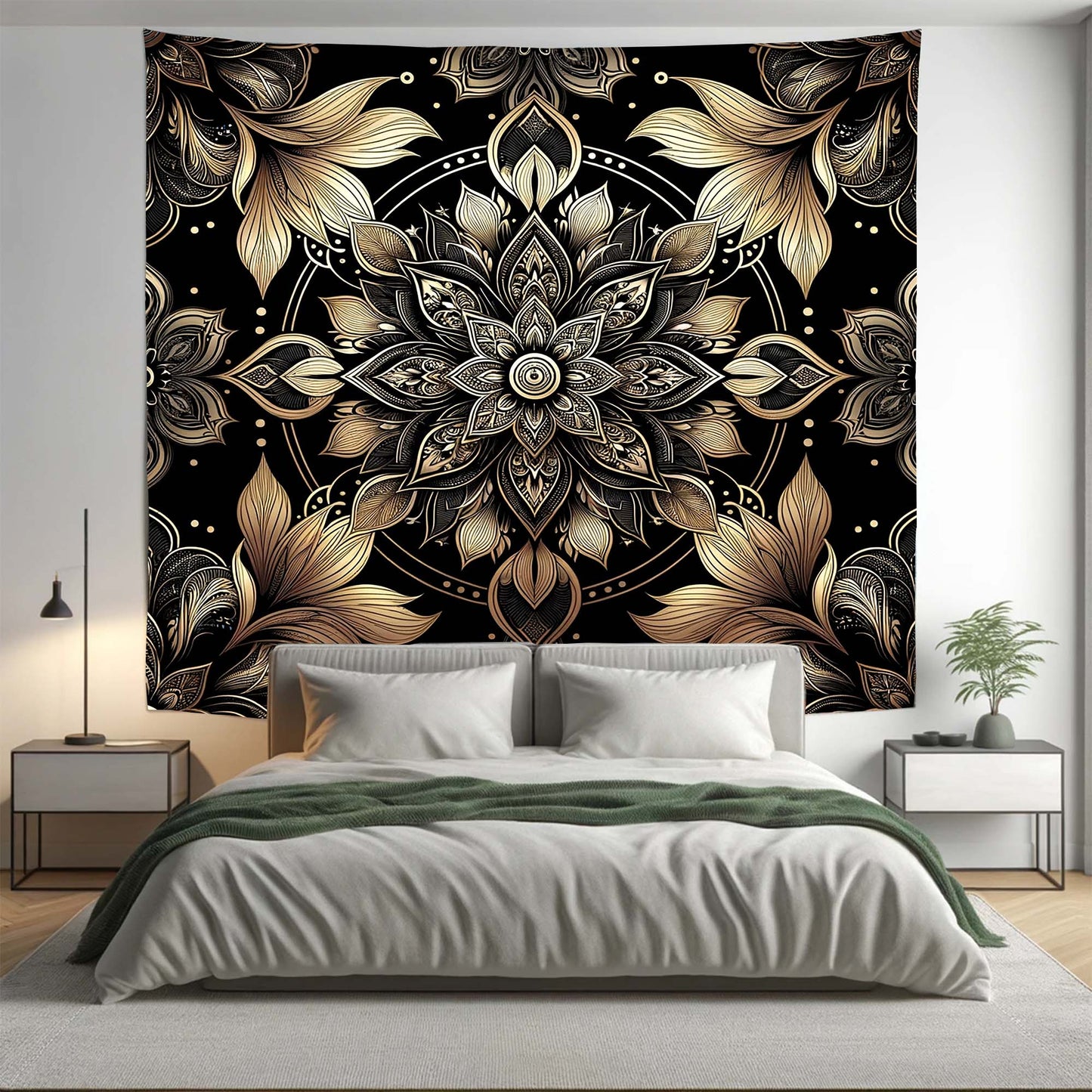 Bohemian Black Gold ABS Floral Mandala Tapestry Psychedelic Wall Hanging Boho Decor