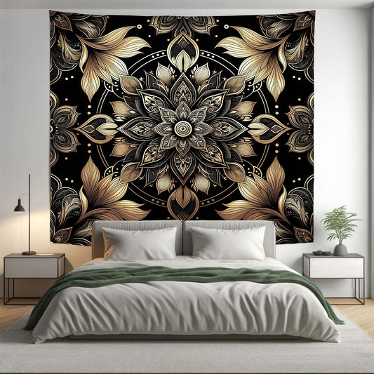 Bohemian Black Gold ABS Floral Mandala Tapestry Psychedelic Wall Hanging Boho Decor - Adore India   