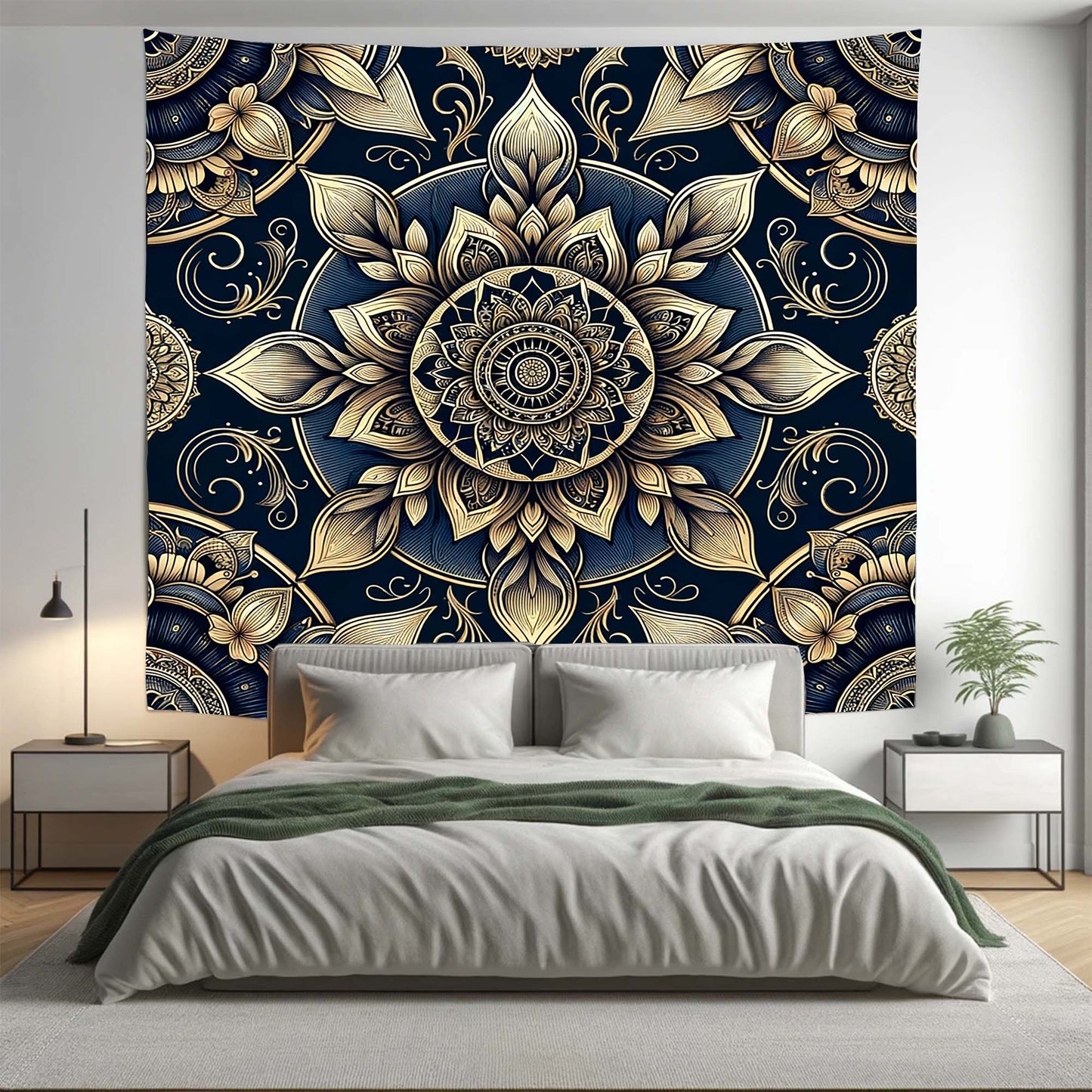 Bohemian Blue Gold ABS Floral Mandala Tapestry Psychedelic Wall Hanging Boho Decor