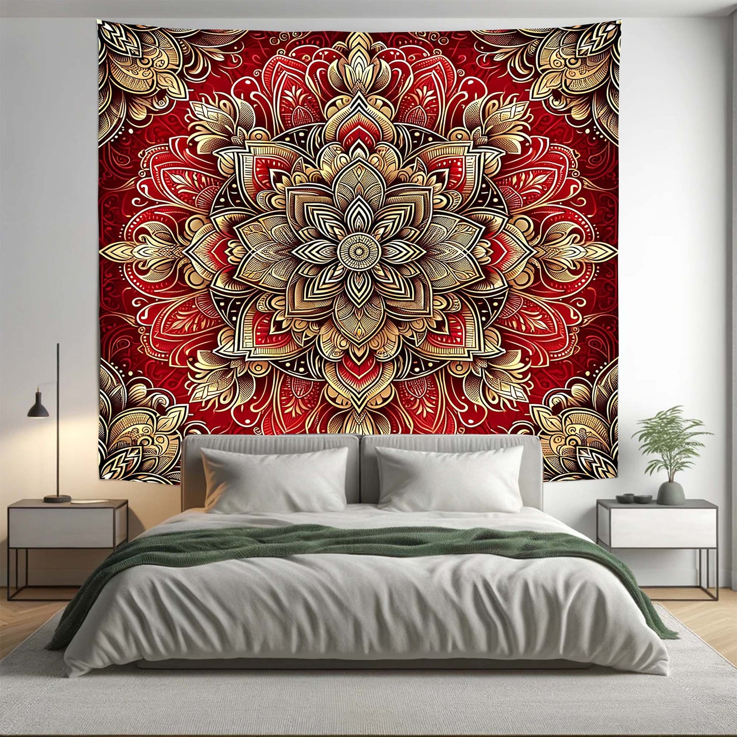Bohemian Red Gold ABS Floral Mandala Tapestry Psychedelic Wall Hanging Boho Decor