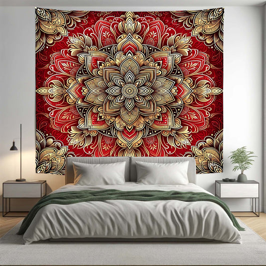 Bohemian Red Gold ABS Floral Mandala Tapestry Psychedelic Wall Hanging Boho Decor