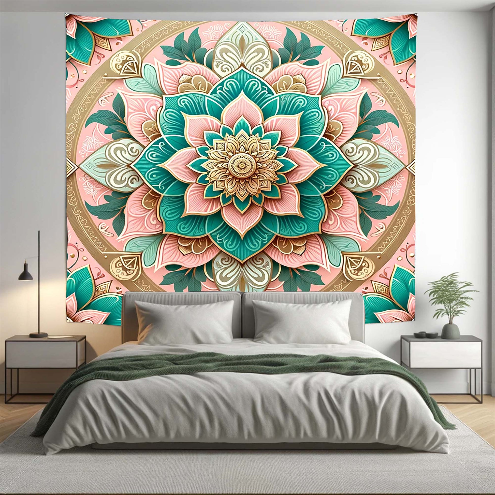 Bohemian Pink Gold Floral Mandala Tapestry Psychedelic Wall Hanging Boho Decor - Adore India   