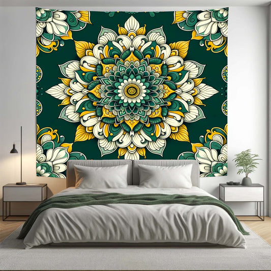 Bohemian Green Yellow Floral Mandala Tapestry Psychedelic Wall Hanging Boho Decor - Adore India   