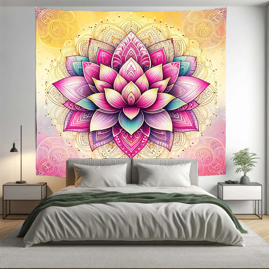 Bohemian Pink Yellow Lotus Mandala Tapestry Psychedelic Wall Hanging Boho Decor
