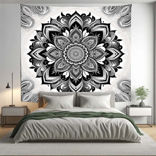 Bohemian Black and White Mandala Tapestry Psychedelic Wall Hanging Boho Decor