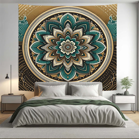 Bohemian Teal Gold Mandala Tapestry Psychedelic Wall Hanging Boho Decor