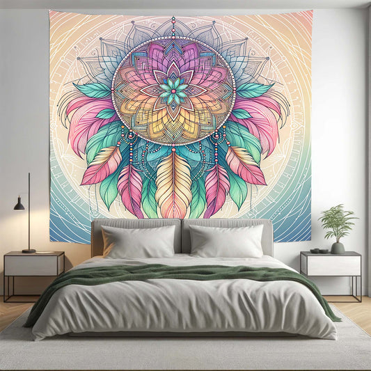 Bohemian Teal Pink Ombre Dreamcatcher Mandala Tapestry Psychedelic Wall Hanging Boho Decor
