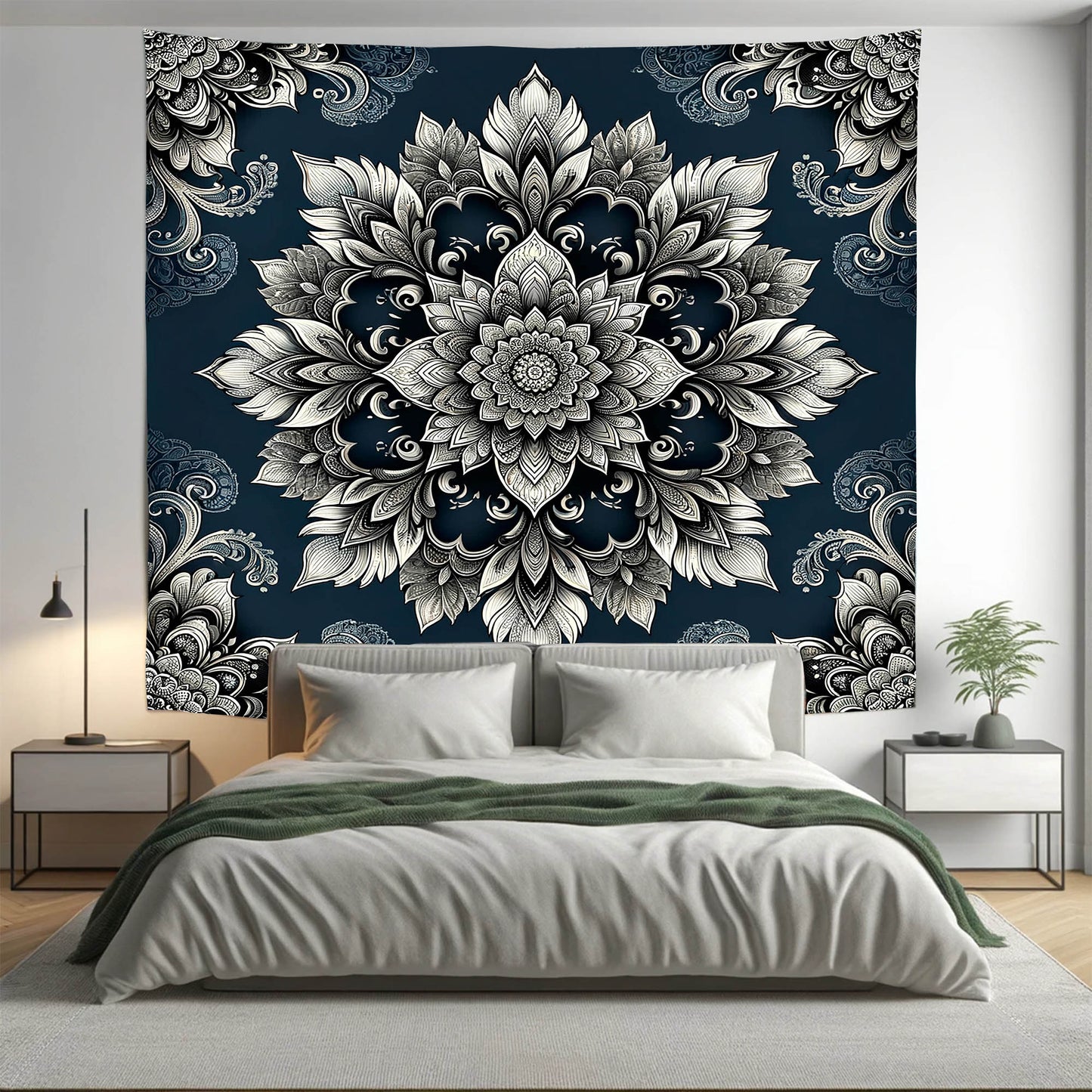 Bohemian Blue Silver Mandala Tapestry Psychedelic Wall Hanging Boho Decor