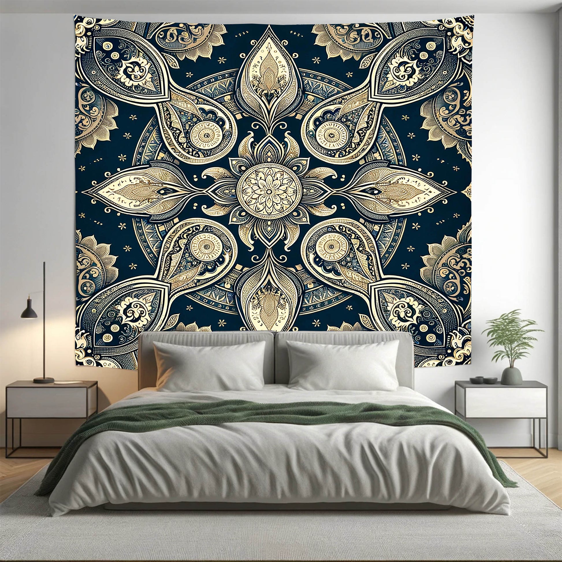 Bohemian Midnight Blue Gold ABS Mandala Tapestry Psychedelic Wall Hanging Boho Decor - Adore India   