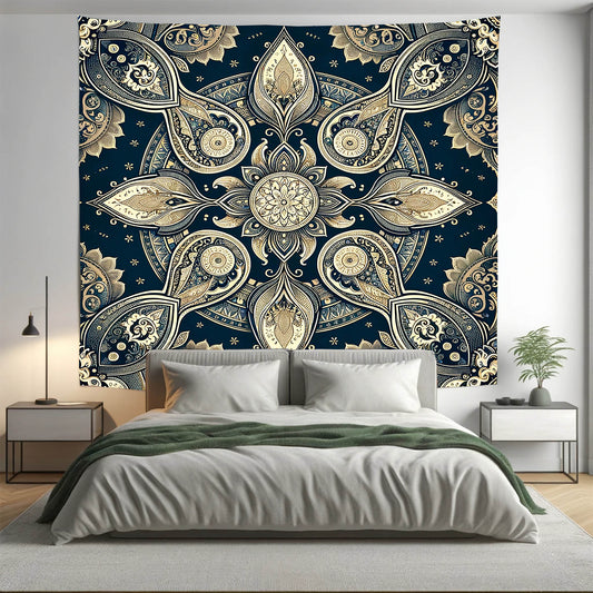 Bohemian Midnight Blue Gold ABS Mandala Tapestry Psychedelic Wall Hanging Boho Decor