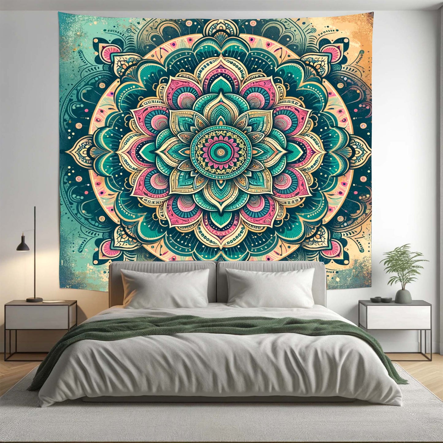 Bohemian Pink Teal Lotus Mandala Tapestry Psychedelic Wall Hanging Boho Decor - Adore India   