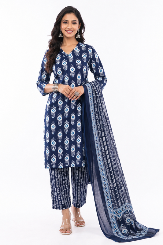 Women Cotton Indigo Blue Floral Printed Ethnic 3 Piece Kurta Pant Dupatta Set