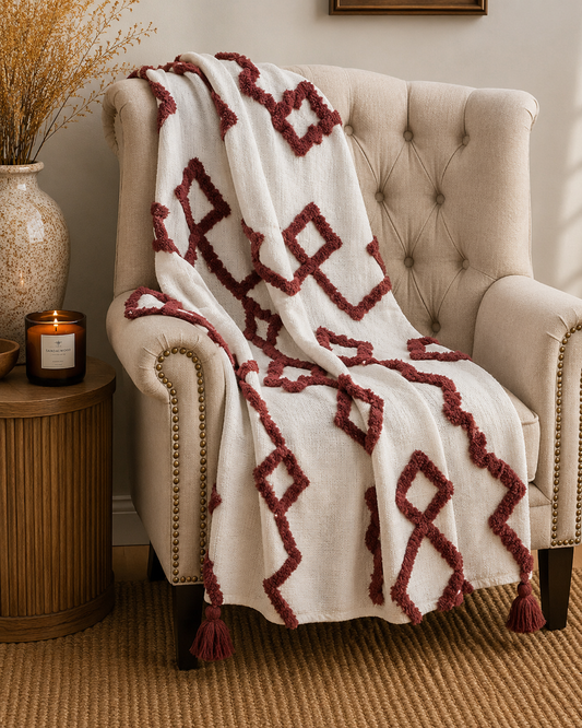 Bohemian Burgundy Cotton Bedding Tufted Throw Blanket