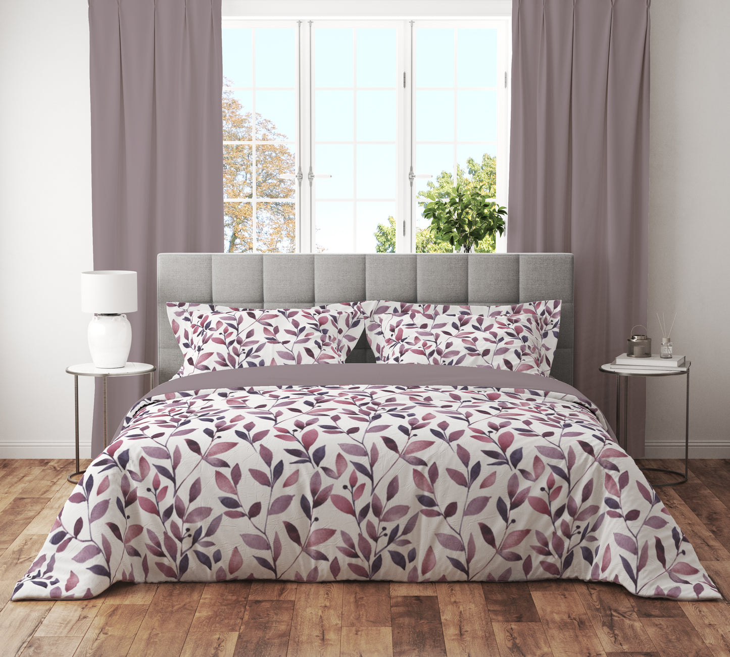 Watercolour Leaf Stem Mauve Quilt Cover Set - Serene Elegance for Your Sleep Haven King Size