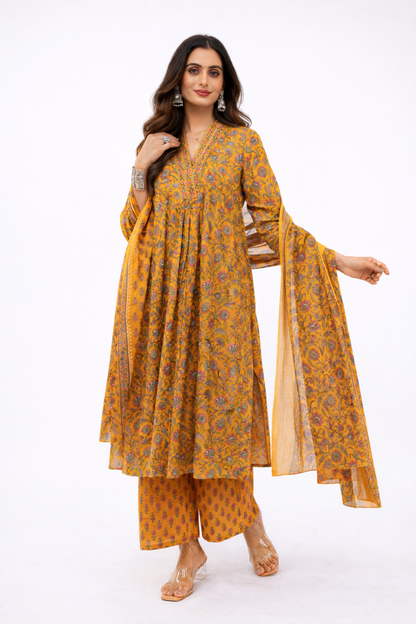 Women Cotton Ethnic Mustard Printed Anarkali Style 3 Piece Kurti Palazzo Set With Dupatta