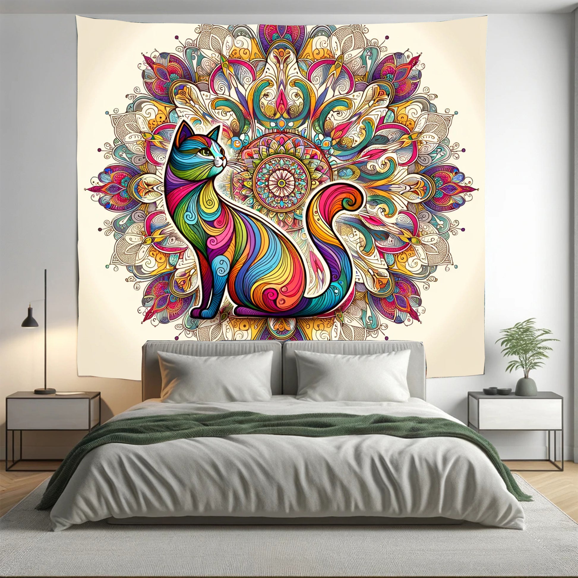 Bohemian Cat Indian Mandala Tapestry Psychedelic Wall Hanging Boho Decor - Adore India   