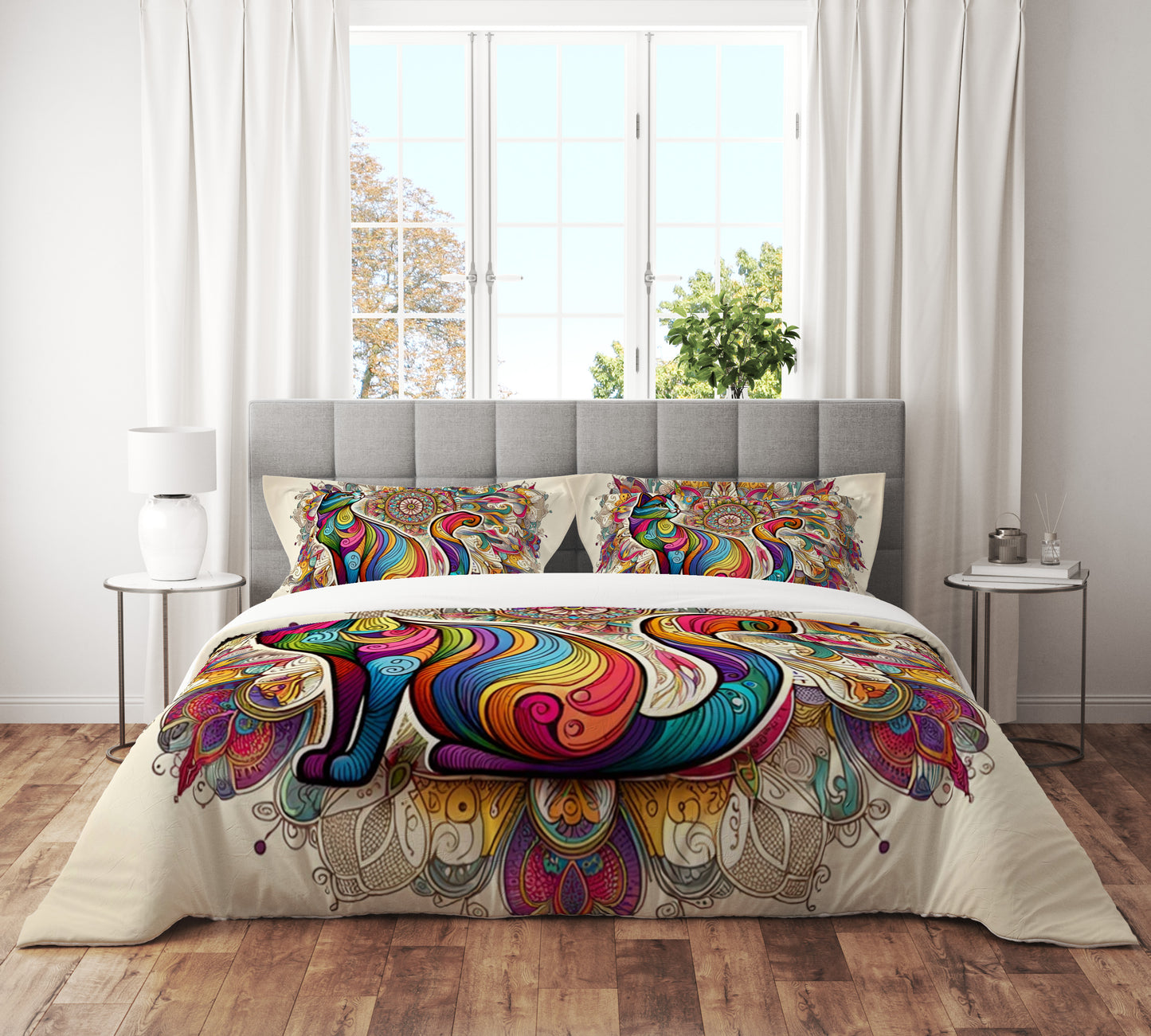 Bohemian Cat Indian Mandala Reversible Quilt Cover Duvet Cover Set - Adore India   