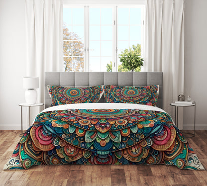 MultiColour Bold Indian Mandala Reversible Quilt Cover Duvet Cover Set - Adore India   